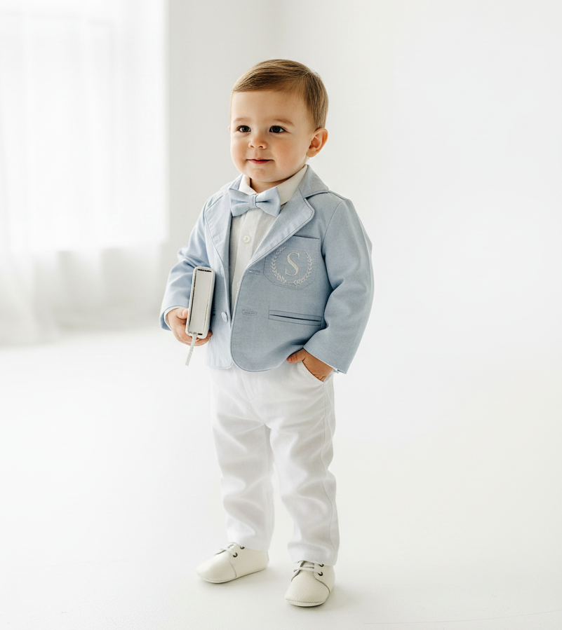 Blue chambray set with blue pants, white linen shirt, white, blue or beige suspenders and blue bow tie