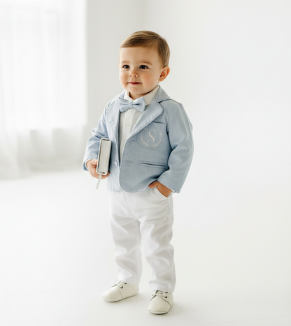 Blue chambray set with blue pants, white linen shirt, white, blue or beige suspenders and blue bow tie