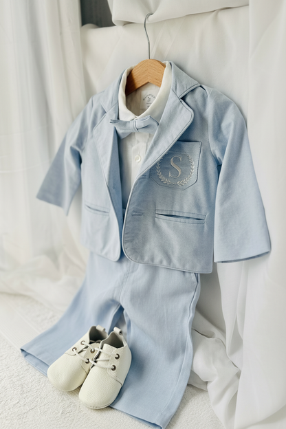 Blue chambray set with blue pants, white linen shirt, white, blue or beige suspenders and blue bow tie