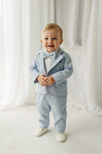 Blue chambray set with blue pants, white linen shirt, white, blue or beige suspenders and blue bow tie