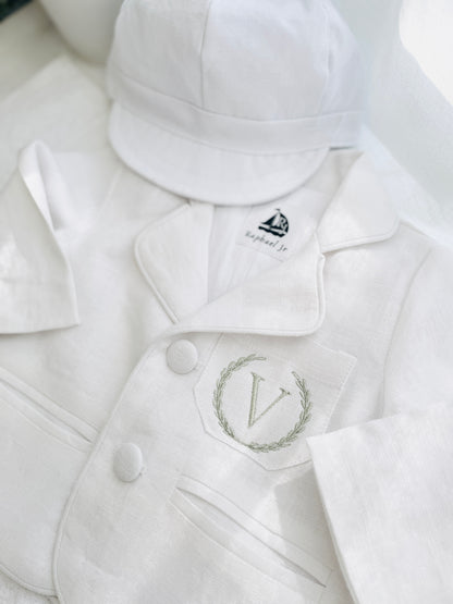 Boys White linen Baptism blazer jacket with optional embroidery
