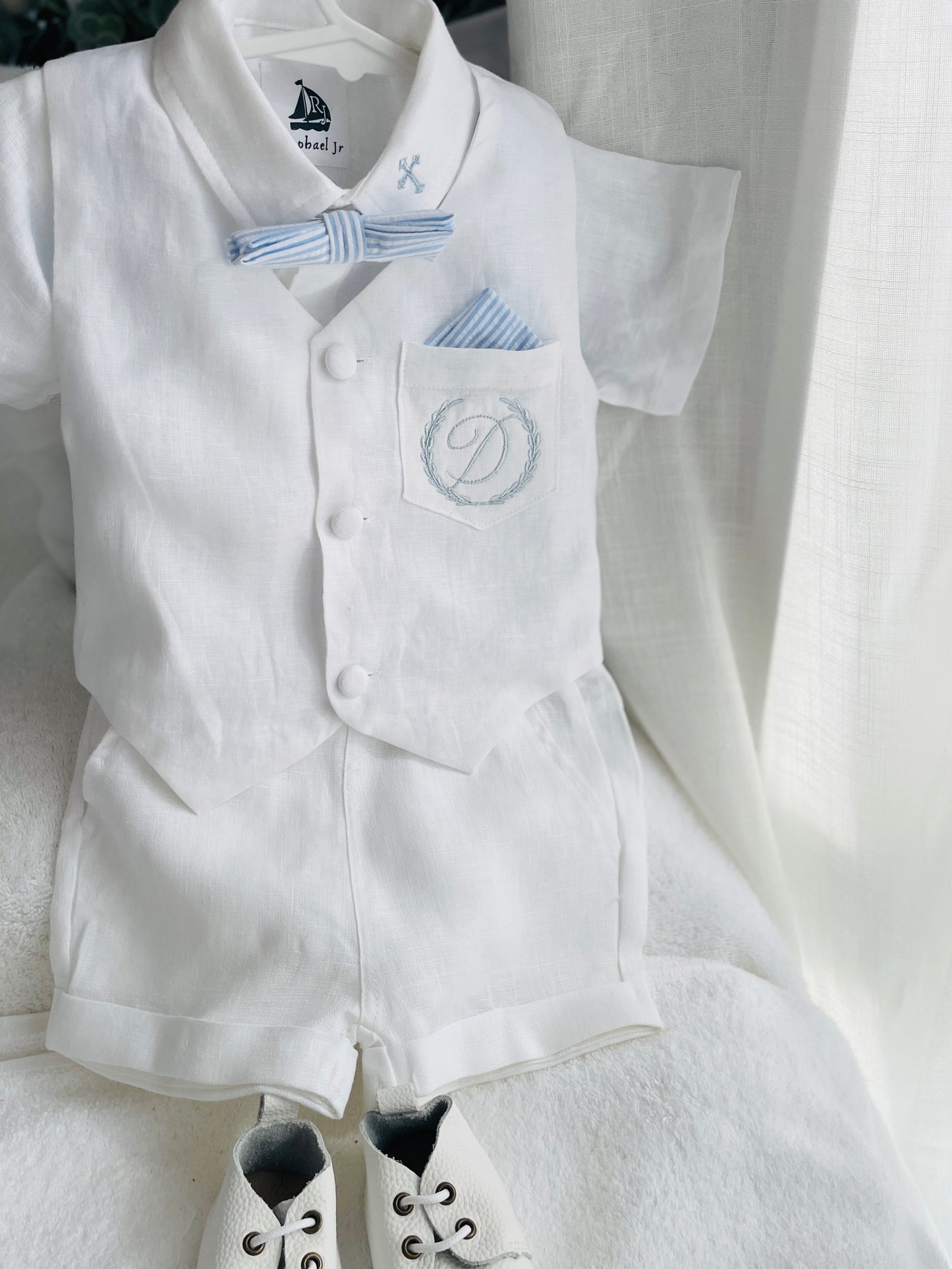 Baby and Toddler Boys white linen summer set with vest, shirt, shorts, suspenders and bowtie