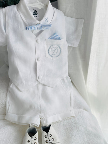White linen Baptism vest set with shirt, suspender shorts, bowtie and optional embroidery cap and shoes