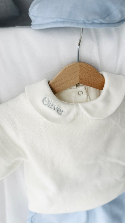 Baptism outfit with cotton onesie and cardigan or jumper and beige linen bloomers and white socks