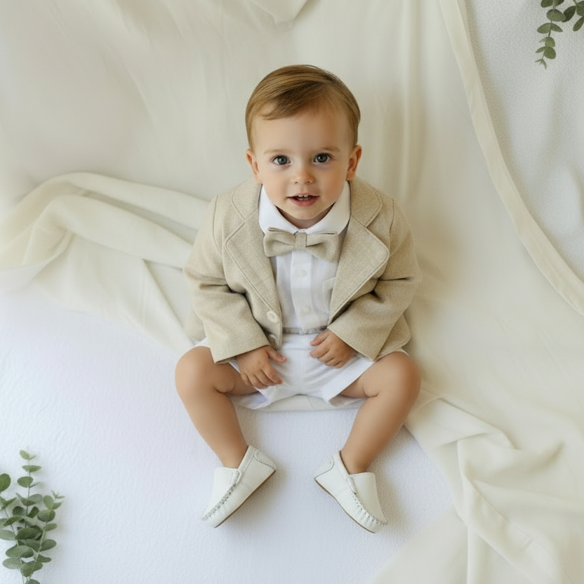 White and beige Summer linen outfit with suspender shorts, shirt, and bow tie plus optional jacket and embroidery