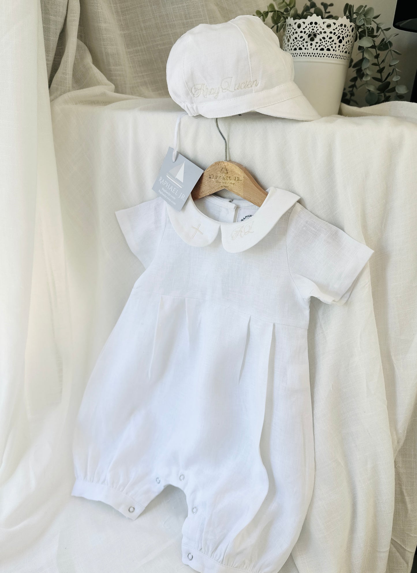 Linen Baptism romper dungaree jumpsuit with optional cardigan and embroidery