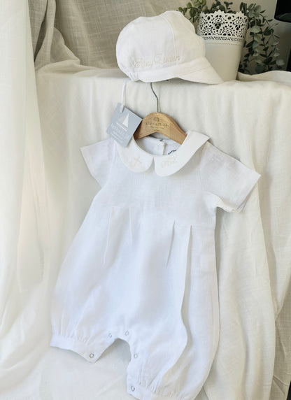Linen Baptism 3/4 length jumpsuit with optional cardigan and embroidery