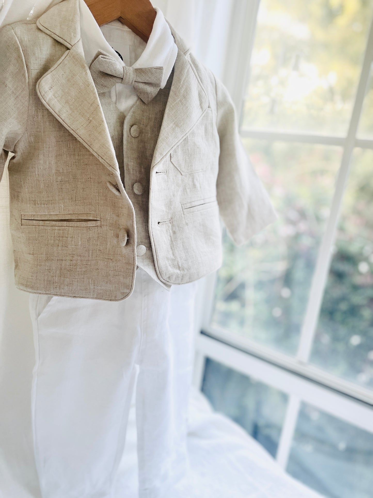 White and Beige Linen set with vest, shirt, pants, suspenders and bowtie plus optional jacket, cap and shoes
