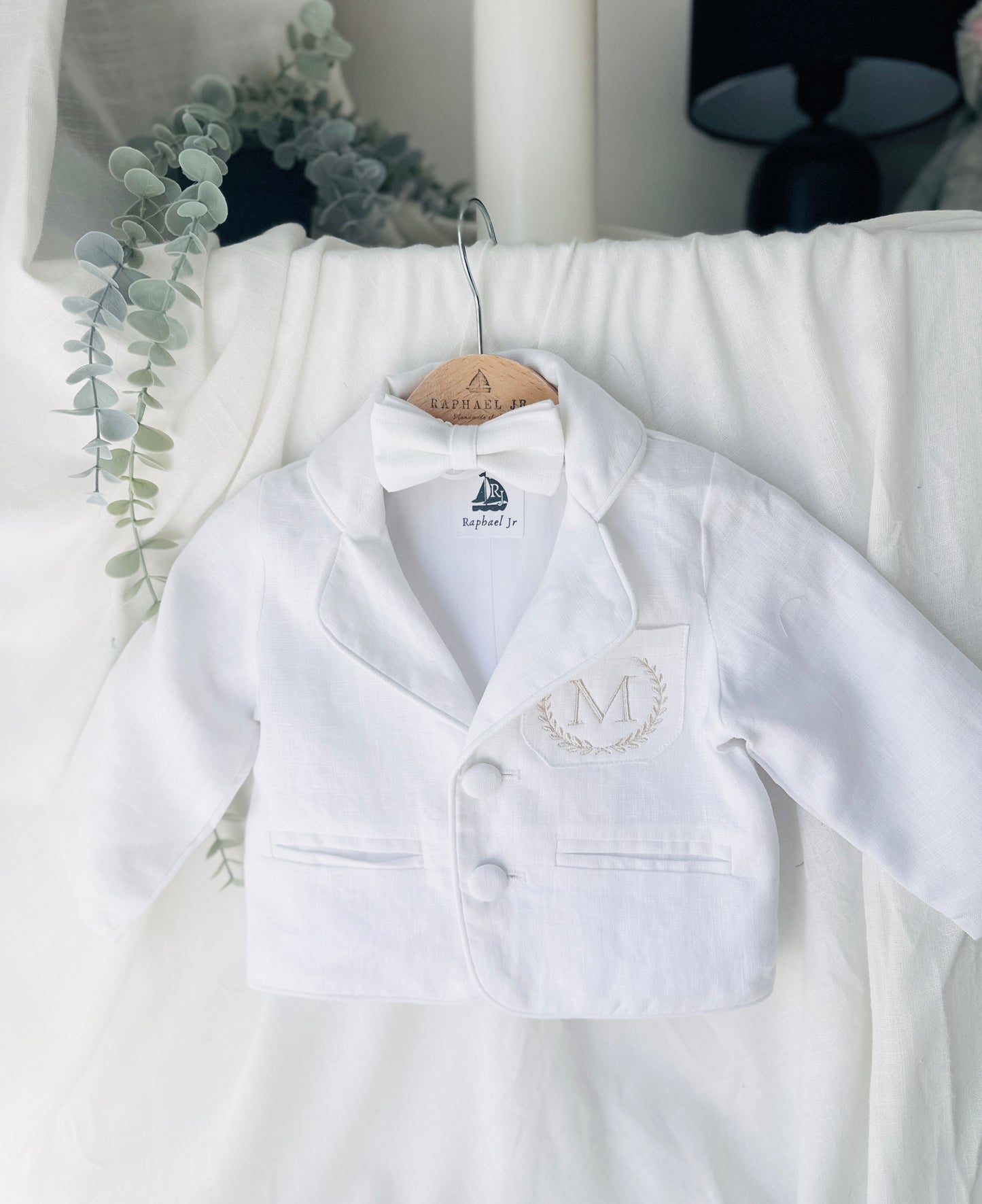 Boys White linen Baptism blazer jacket with optional embroidery
