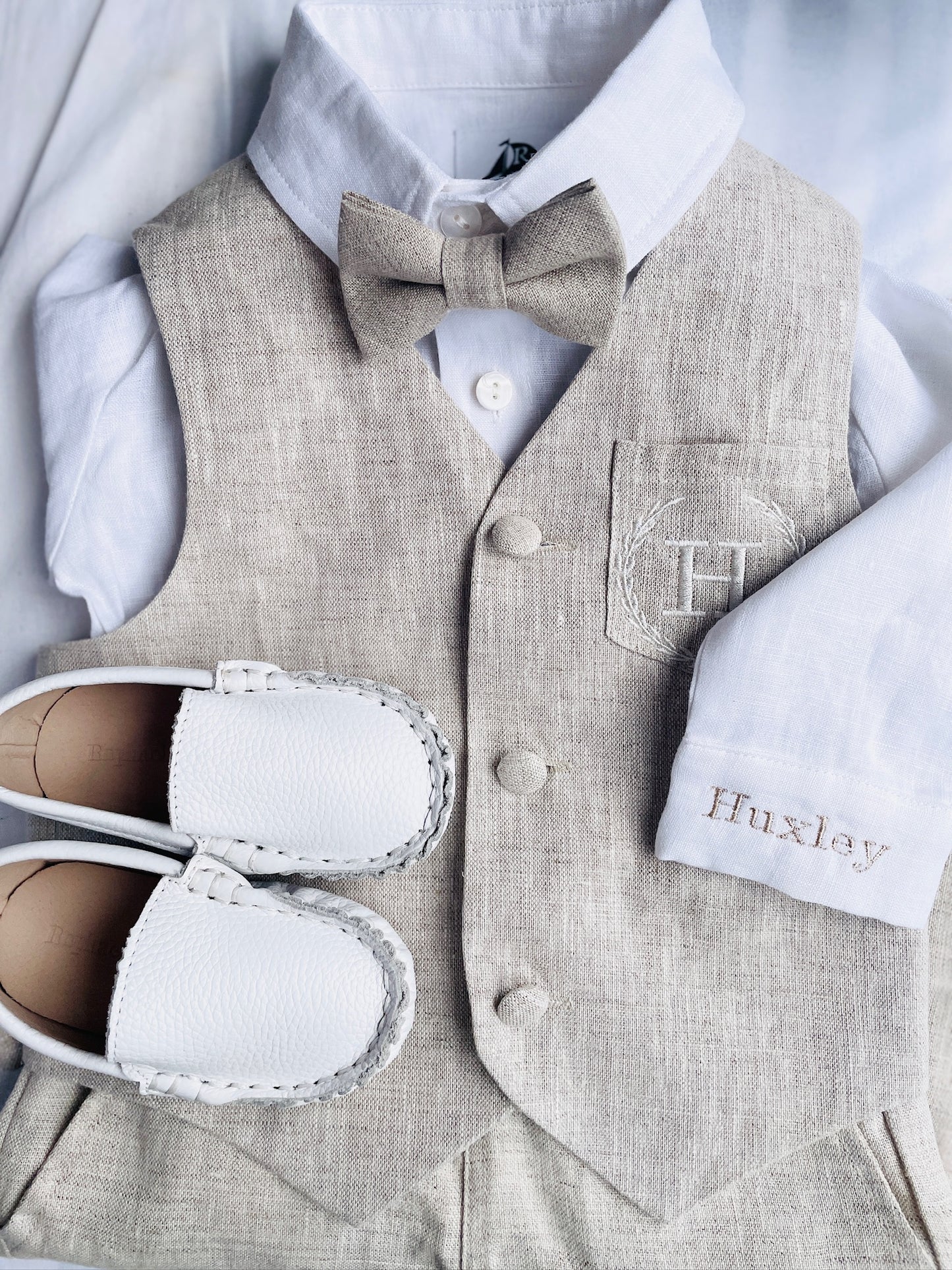 Baby and Toddler Boys white and beige linen summer set with vest, shirt, shorts, suspenders and bowtie