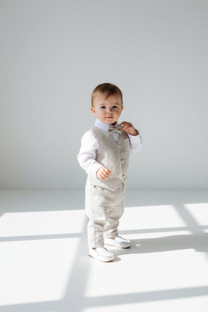 White and Beige Linen set with vest, shirt, pants, suspenders and bowtie plus optional jacket, cap and shoes