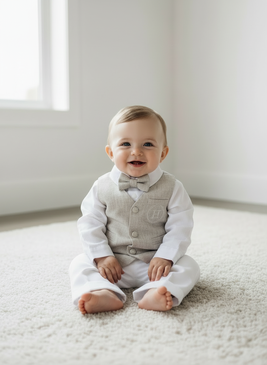 White and Beige Linen set with vest, shirt, pants, suspenders and bowtie plus optional jacket, cap and shoes