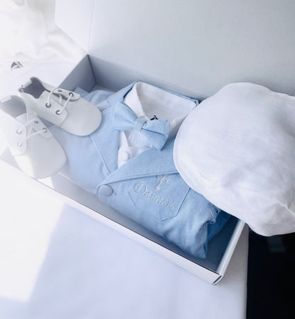 Baby and Toddler Boys white linen outfit with vest, shirt, pants, suspenders and bowtie plus optional blue blazer