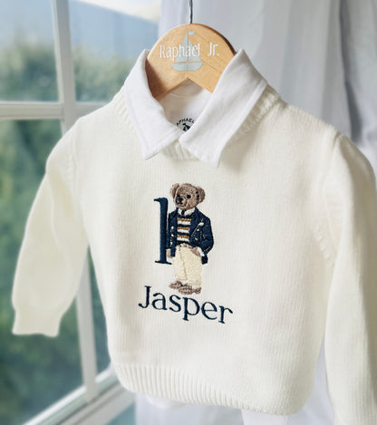 Polo Bear first birthday set with linen shirt, shorts and bear jumper