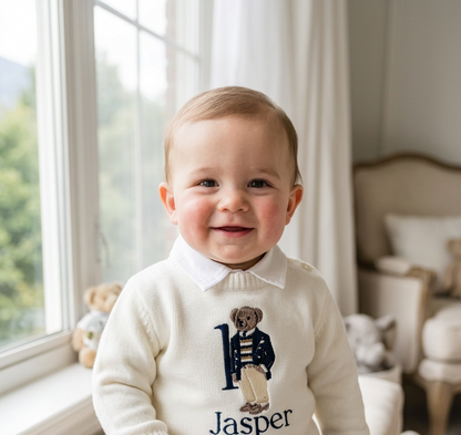 Polo Bear first birthday set with linen shirt, shorts and bear jumper