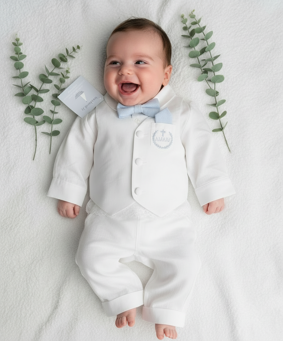Boys white linen full length Baptism set with vest, shirt, pants, suspenders and bow tie