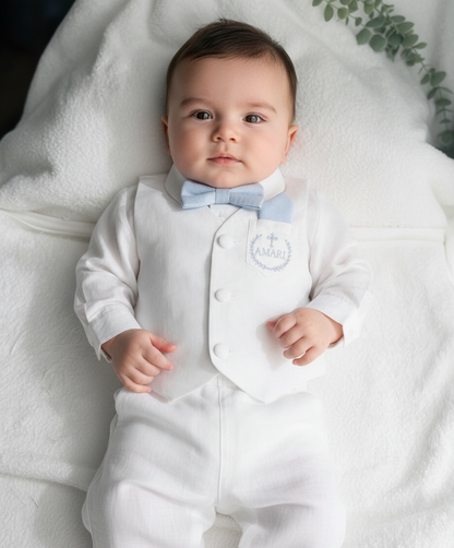 Baby and Toddler Boys white linen outfit with vest, shirt, pants, suspenders and bowtie plus optional blue blazer