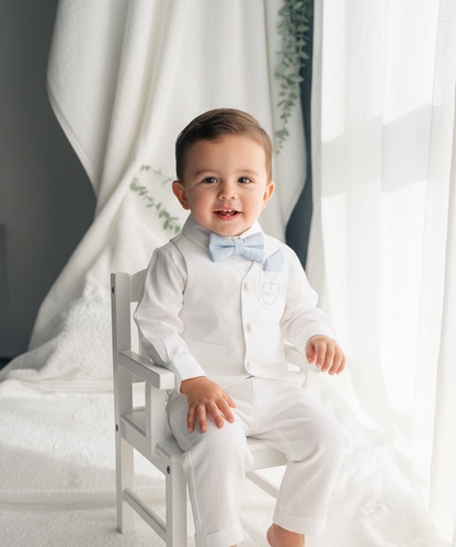 Boys white linen full length Baptism set with vest, shirt, pants, suspenders and bow tie