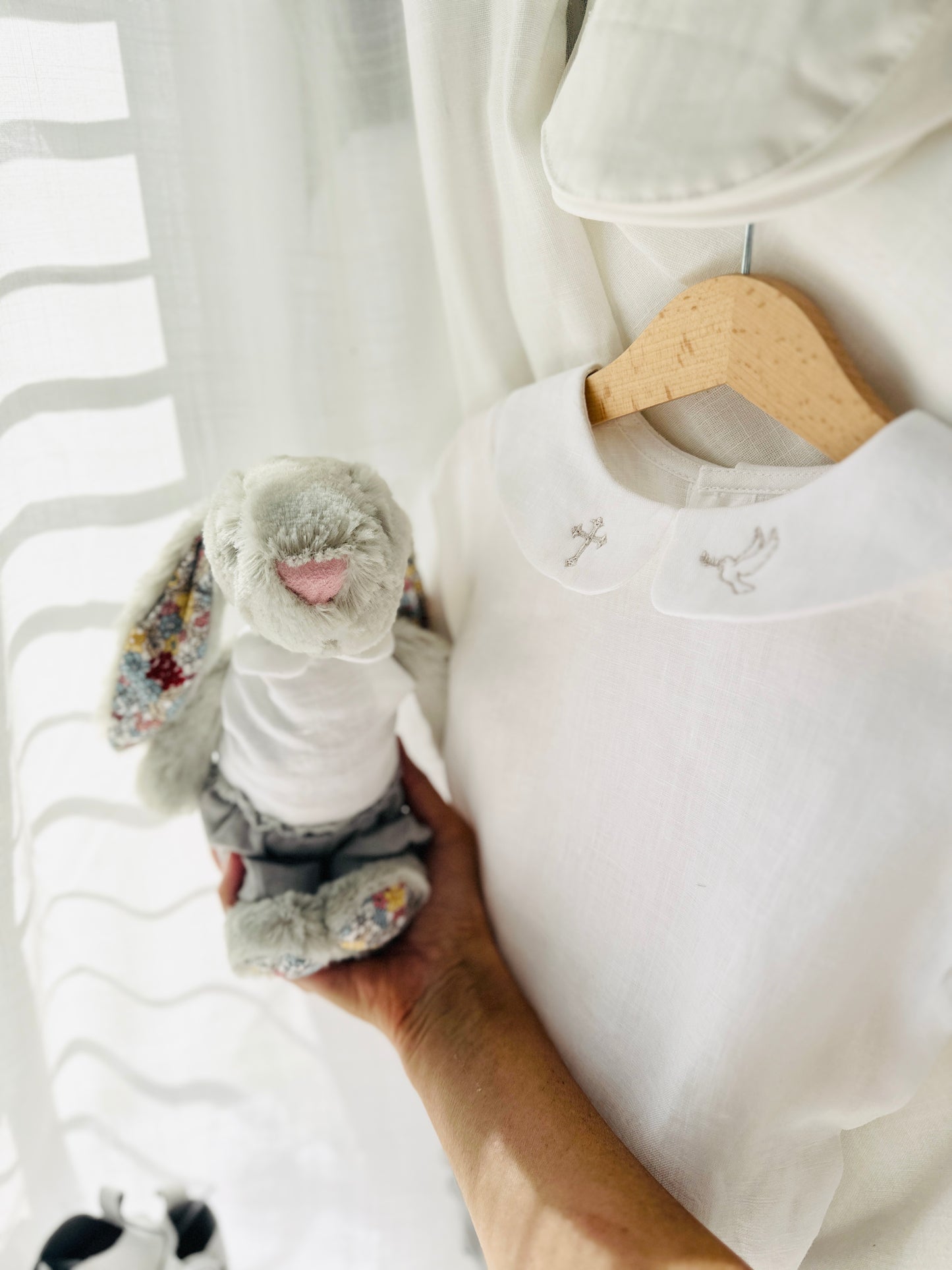 Boys white and grey linen baptism outfit with bloomers and blouse shirt