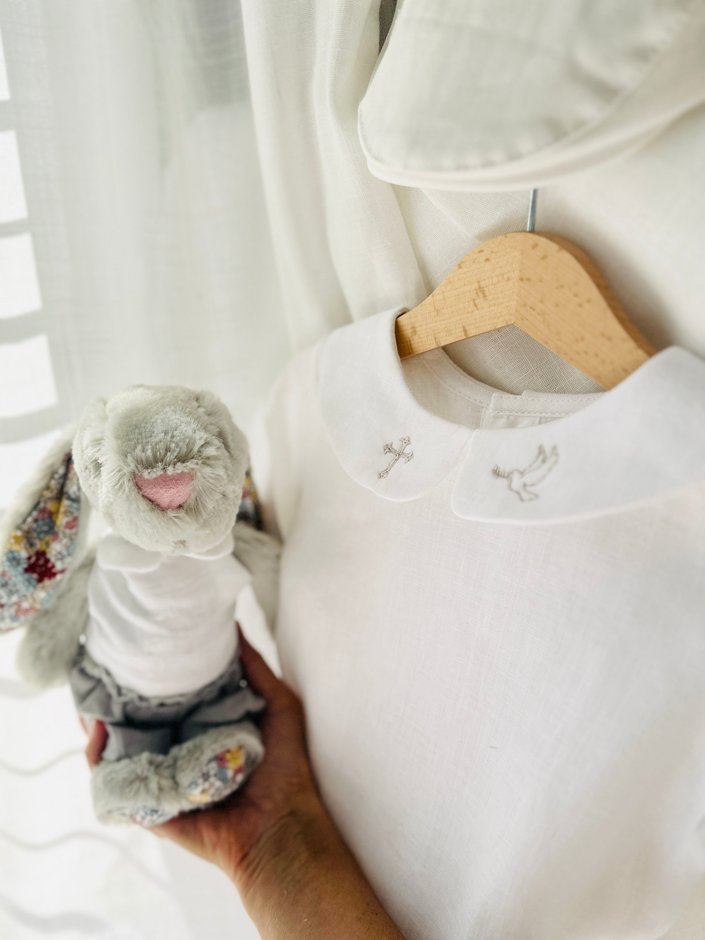 Beige and white linen Birthday and Baptism blouse with suspender shorts set