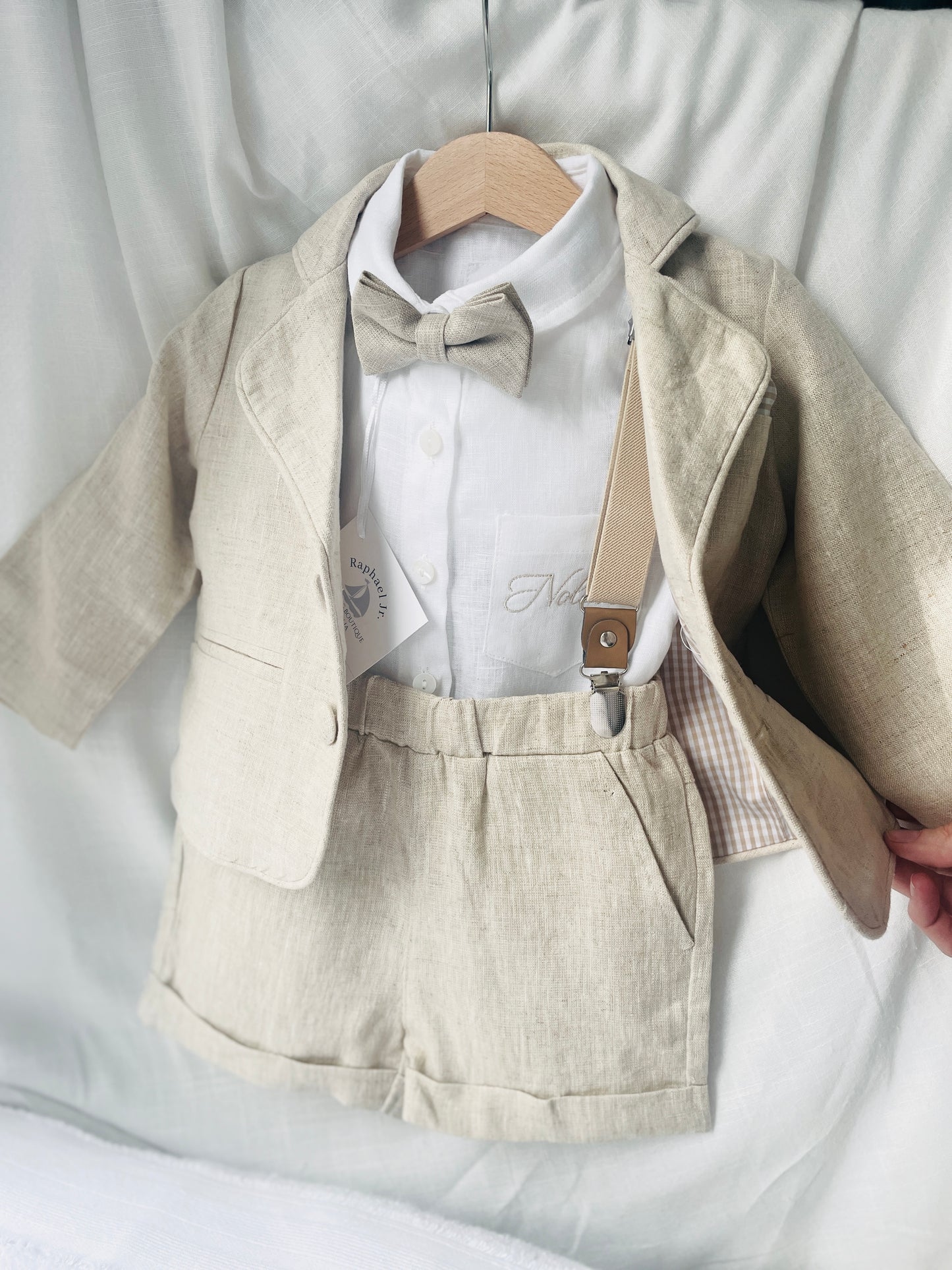 Beige Linen Baptism outfit with suspender shorts, shirt, and bow tie plus optional jacket and embroidery