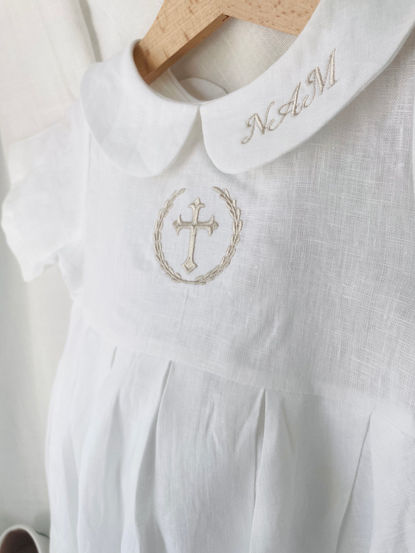Linen Baptism peter pan collar bubble romper with optional embroidery customisation