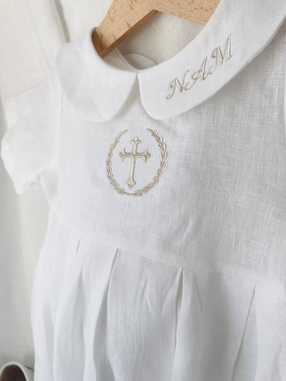 Linen Baptism peter pan collar bubble romper with optional embroidery customisation