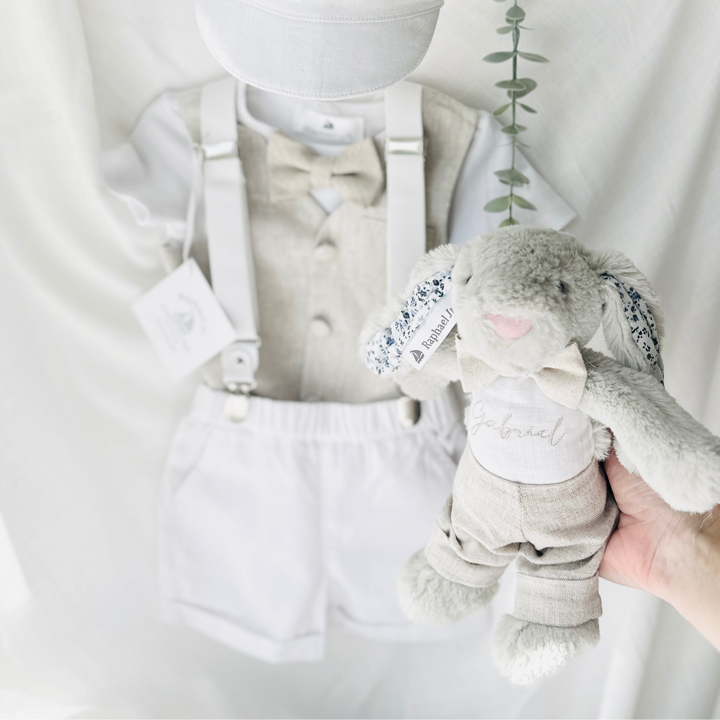Boys white and beige cotton Baptism wedding set with vest onesie, shorts, suspenders and bow tie