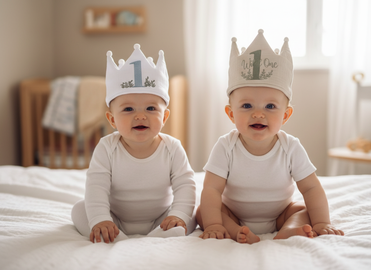 Beige or White First Birthday crown hat with embroidery
