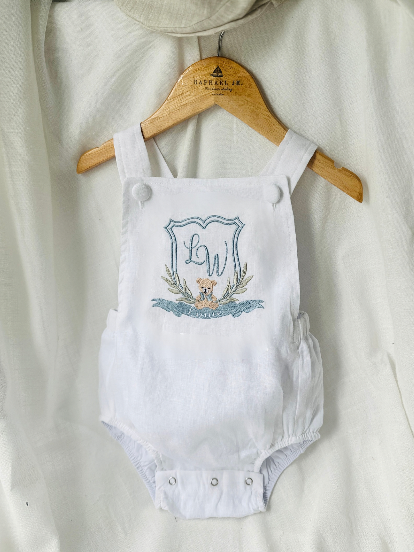 Boys White Linen First Birthday overalls romper one silly goose onederful world oneder the sea teddy car balloons and more