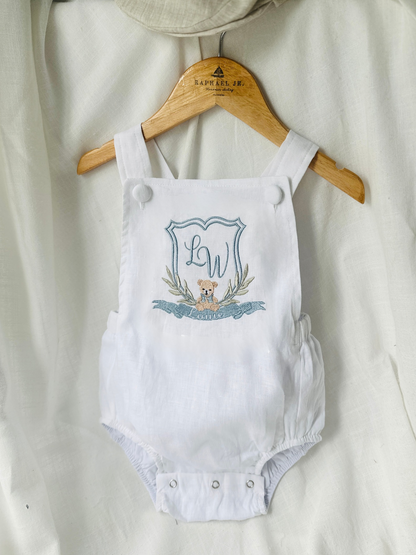 Baby white linen baptism romper overalls and blouse shirt set