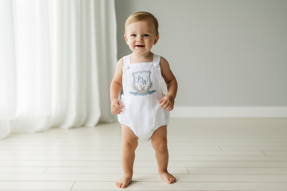 Boys White Linen first birthday romper with custom embroidery designs
