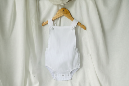 Baby white linen baptism romper overalls and blouse shirt set