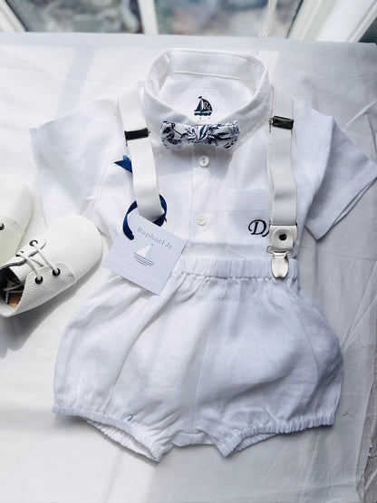 Baby and Toddler Boys white linen baptism outfit with bloomers, shirt, suspenders, bow tie