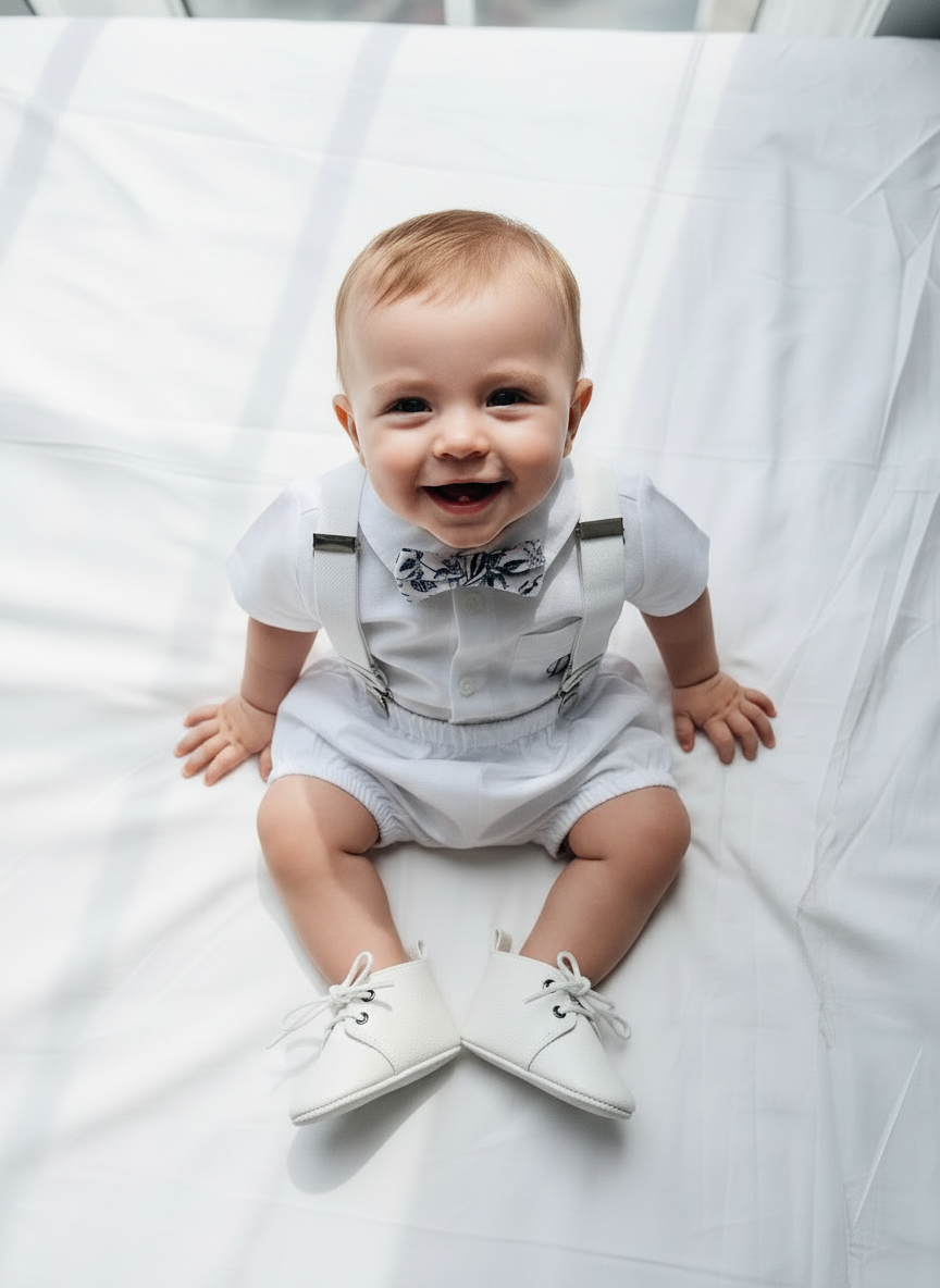 Baby and Toddler Boys white linen baptism outfit with bloomers, shirt, suspenders, bow tie