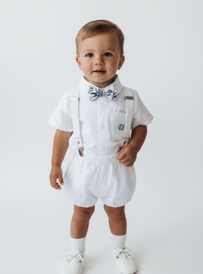 Baby and Toddler Boys white linen baptism outfit with bloomers, shirt, suspenders, bow tie