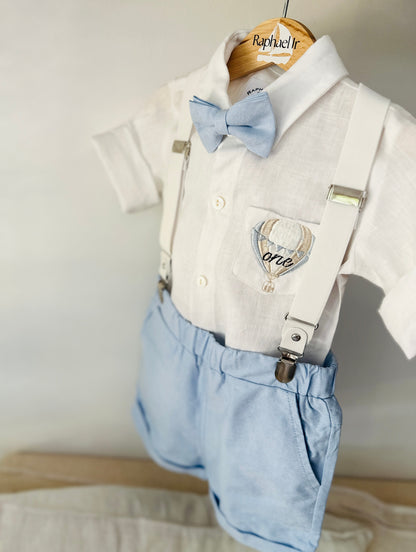 Light Blue summer first birthday set with shorts, shirt, suspenders and bow tie plus optional extras