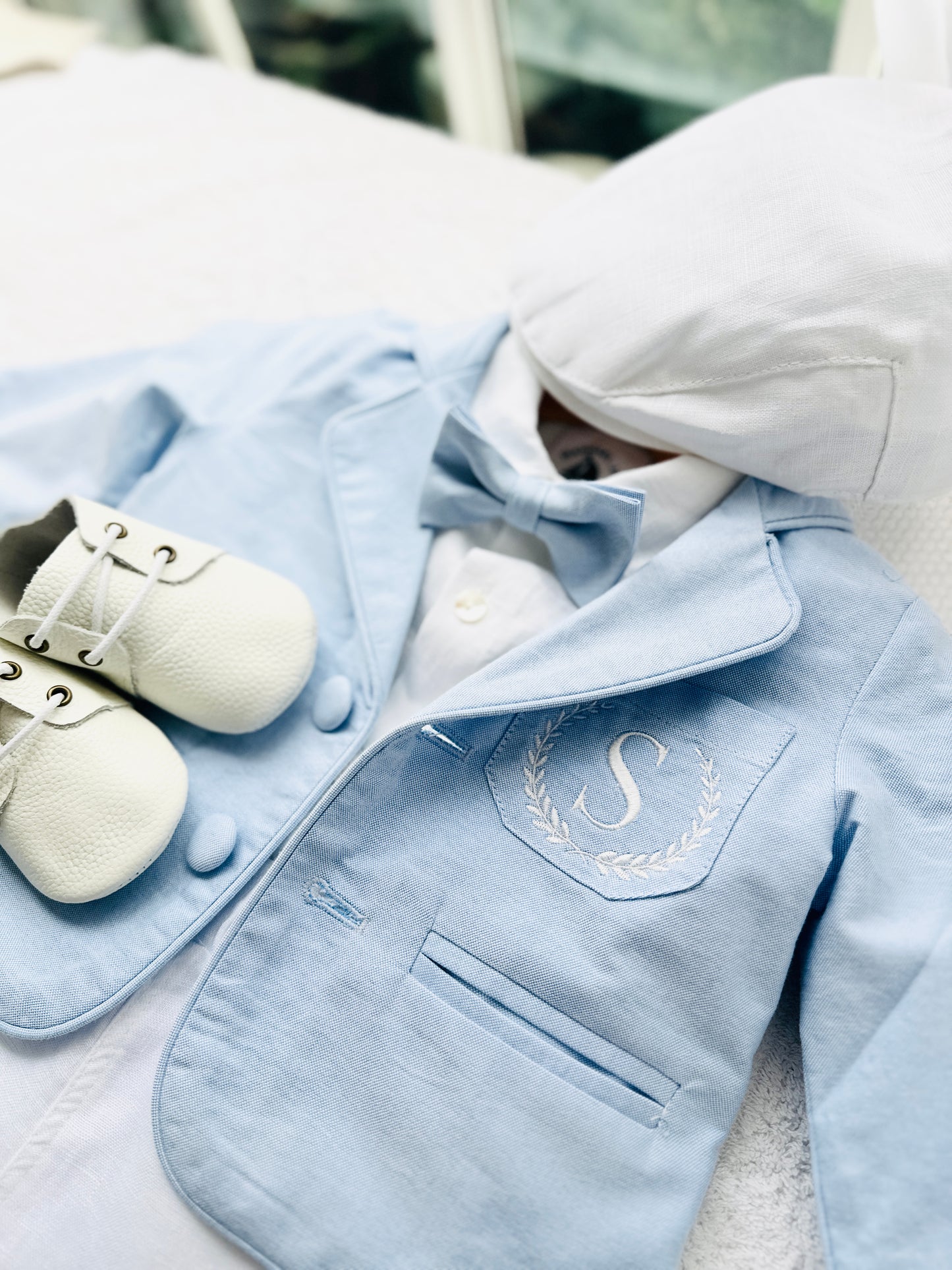 Pale Blue Suit with white linen vest and optional Jacket