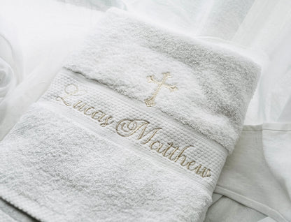 Personalised baptism christening hand towel with embroidery and optional bib