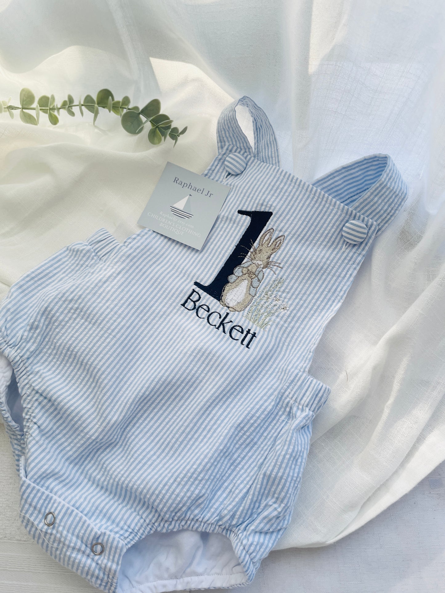 Boys Blue Seersucker Birthday romper overalls Peter Rabbit