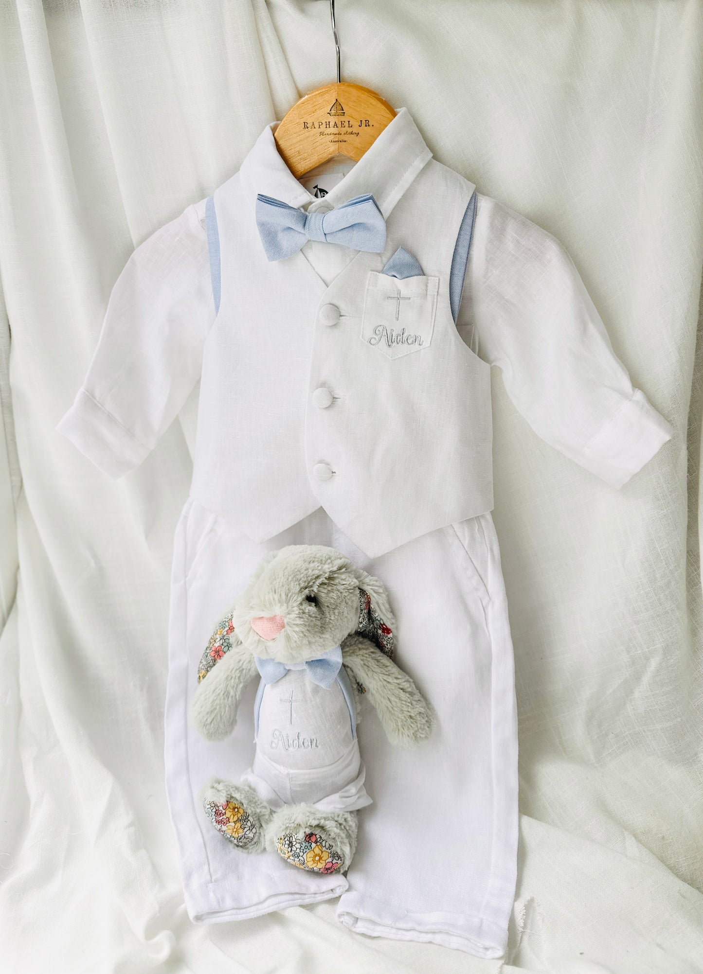 Pale Blue Suit with white linen vest and optional Jacket
