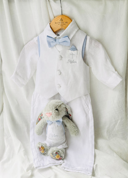 Pale Blue Suit with white linen vest and optional Jacket