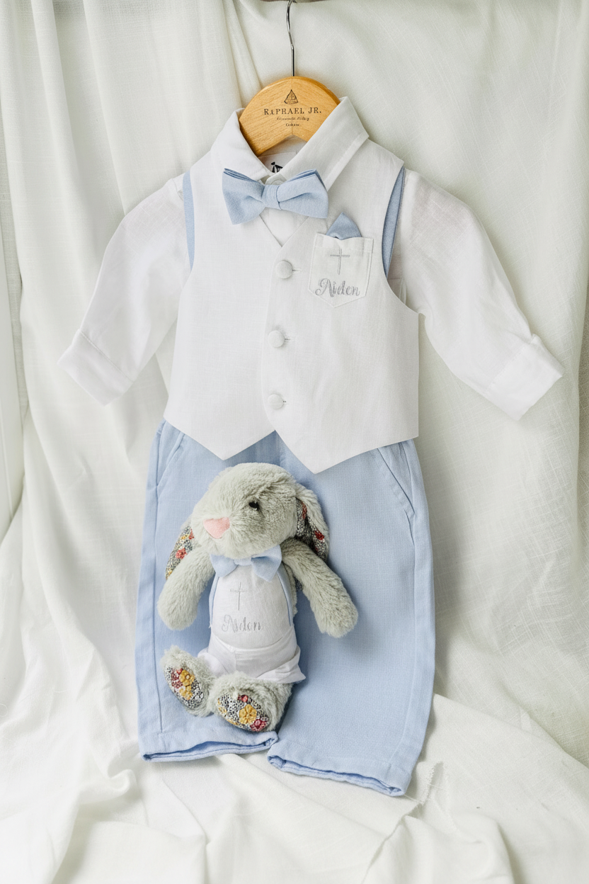 Pale Blue Suit with white linen vest and optional Jacket