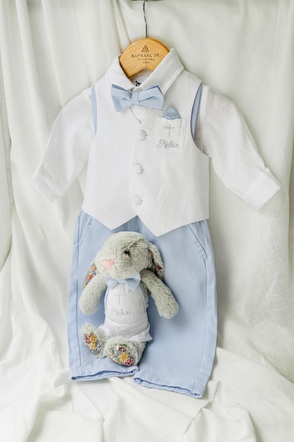 Pale Blue Suit with white linen vest and optional Jacket