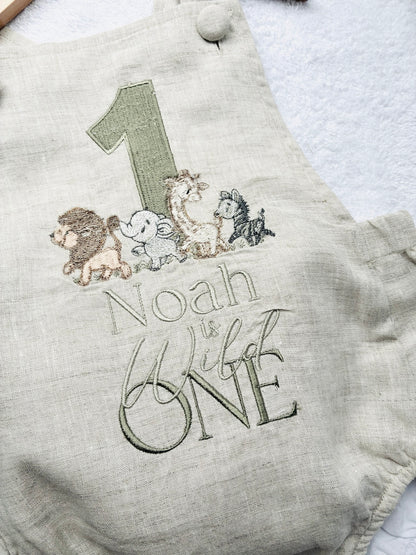 Baby and Toddler boys blue and white linen baptism and birthday romper and shirt set