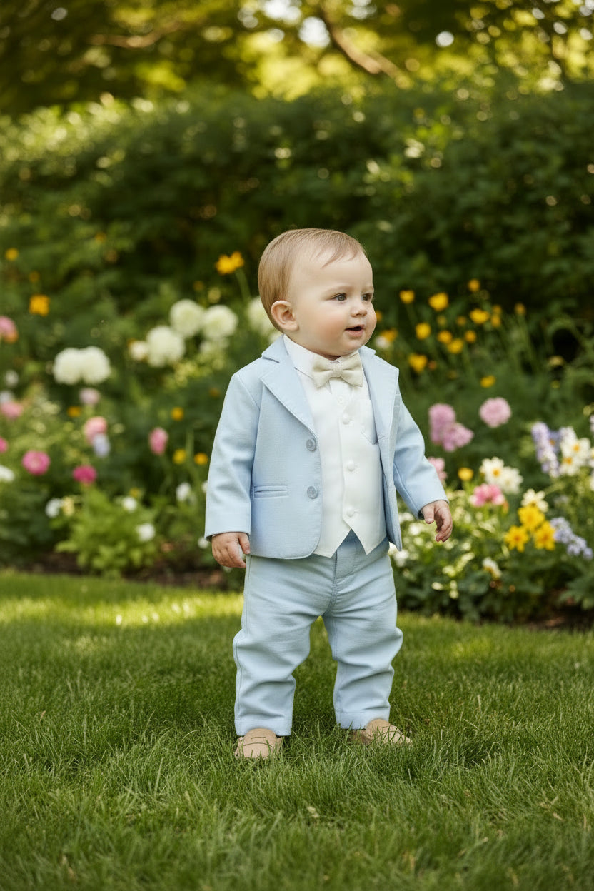Pale Blue Suit with white linen vest and optional Jacket