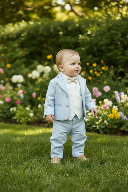 Pale Blue Suit with white linen vest and optional Jacket
