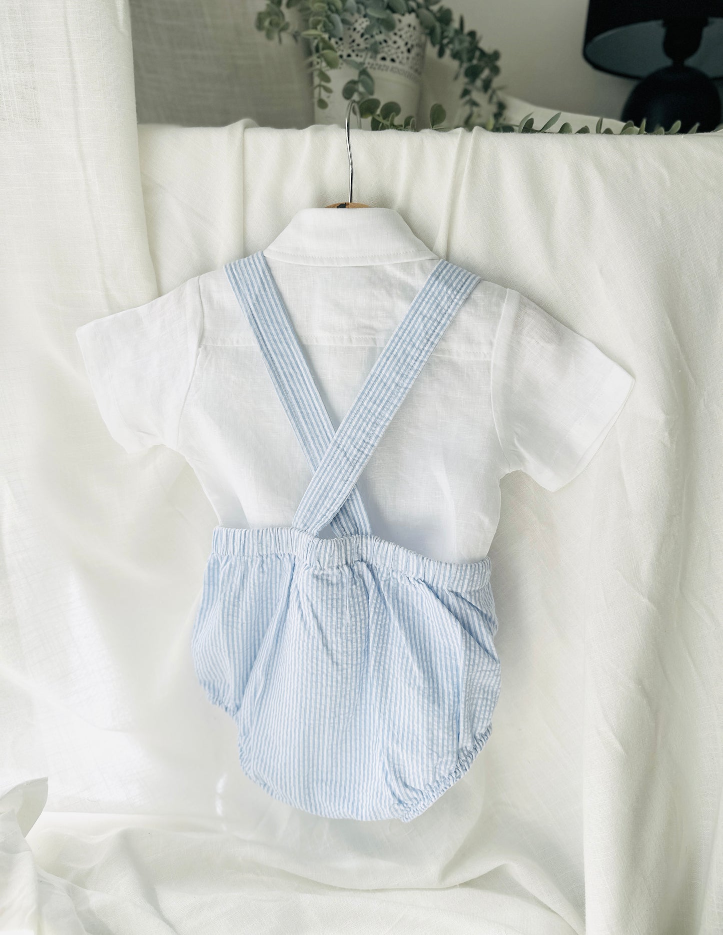 Baby and Toddler boys blue and white linen baptism and birthday romper and shirt set