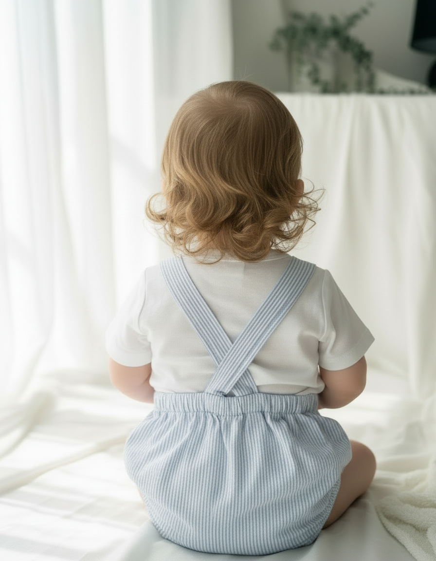 Baby and Toddler boys blue and white linen baptism and birthday romper and shirt set