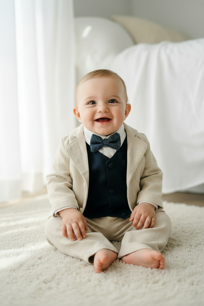 Beige linen suit with Navy blue vest